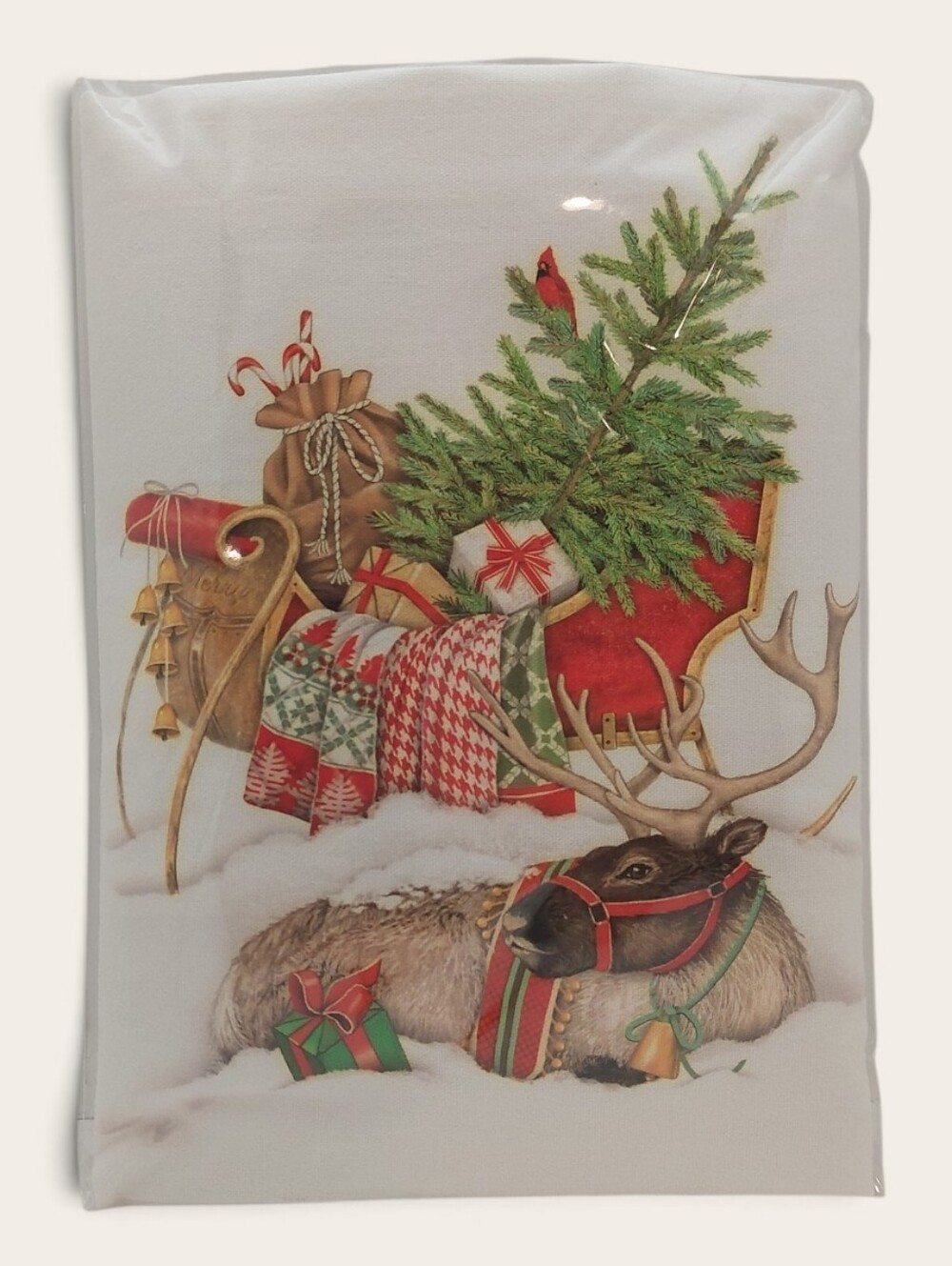 NEW Flour Sack Cotton Towel Holiday Reindeer Sleigh Christmas Baking Giftable